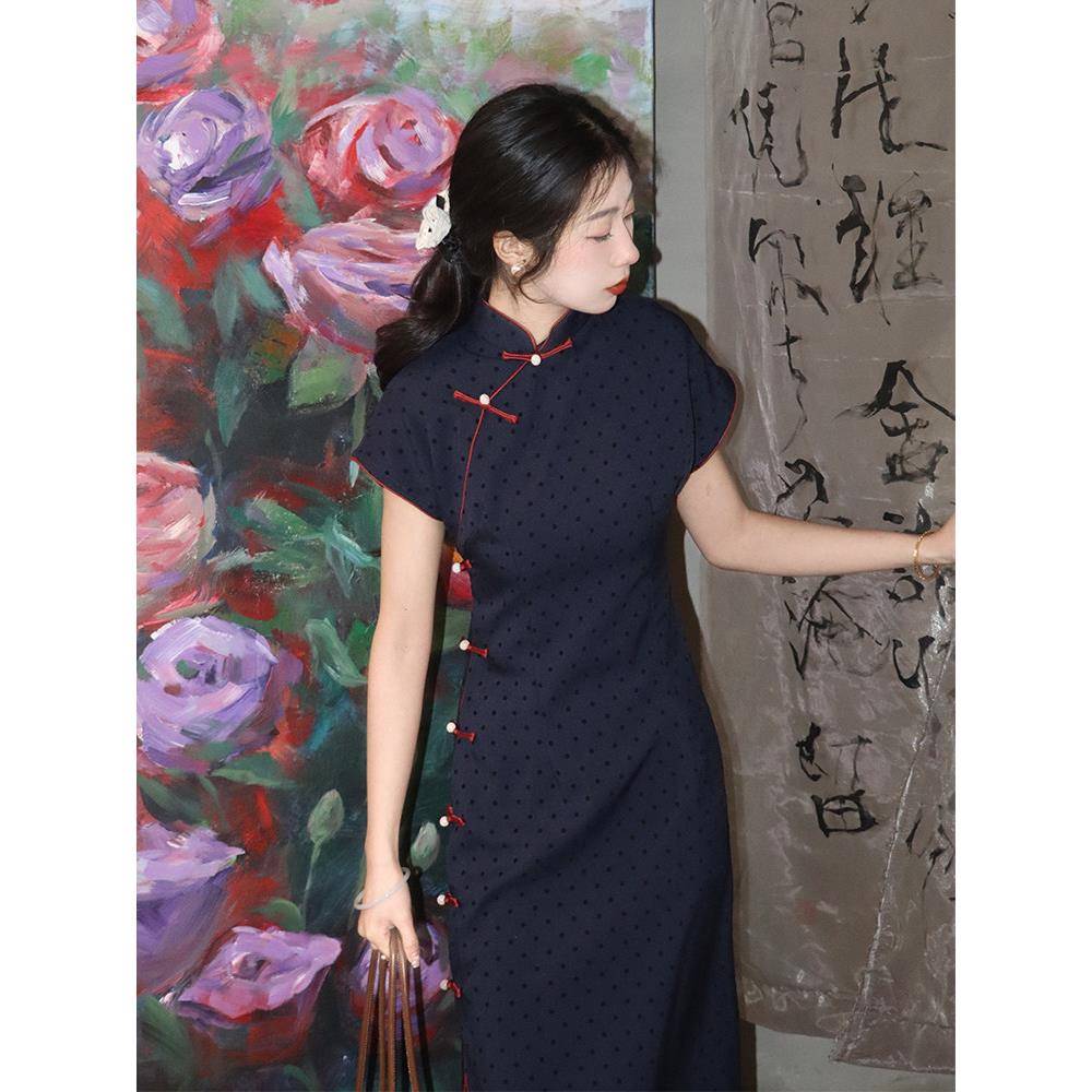 半盏星藏蓝色古法旗袍新中式改良2025新款夏季波点民国宽松日常女