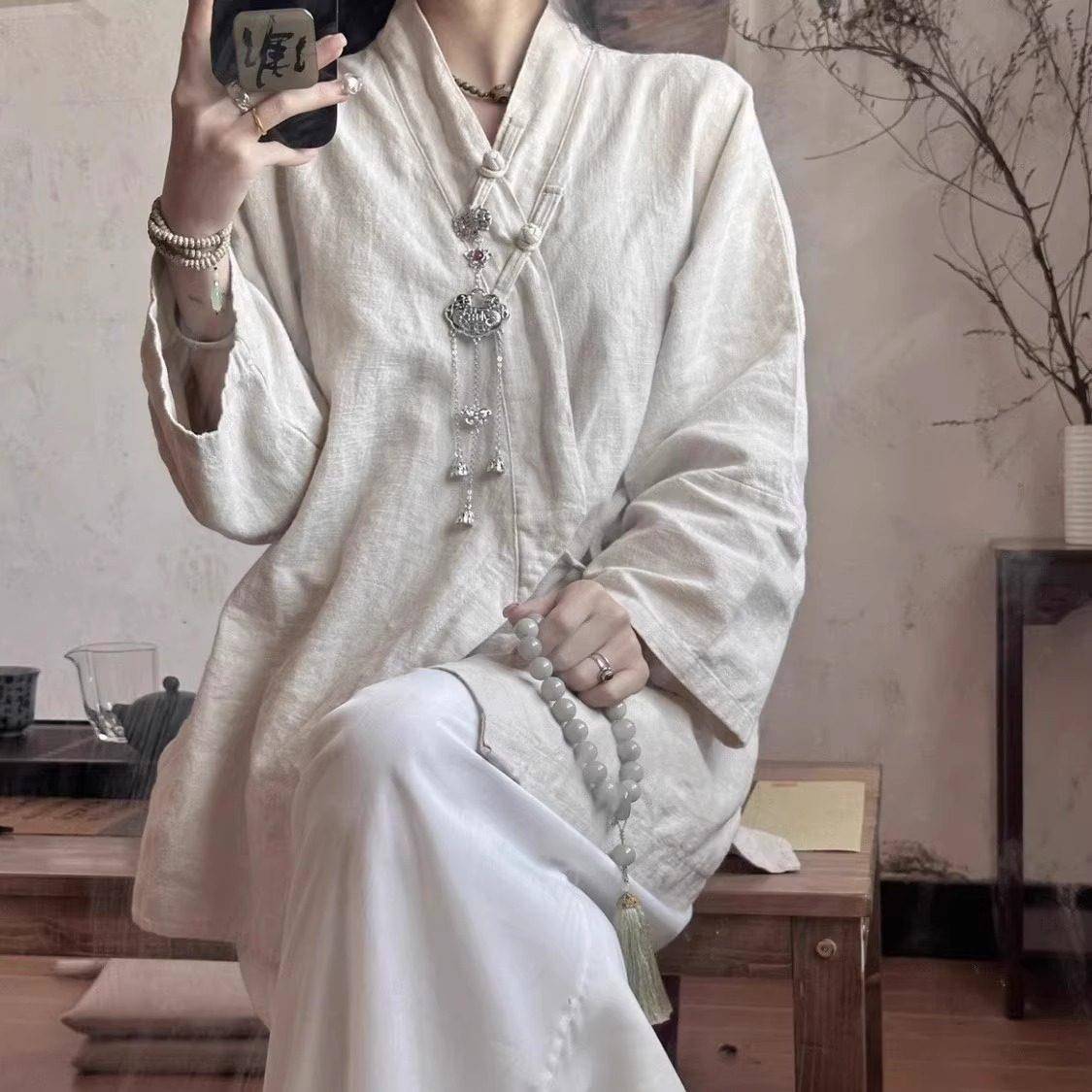 新中式女装改良汉服禅服佛系禅意套装唐装棉麻上衣衬衫茶服女素衣