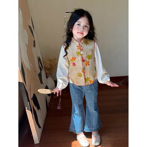 中秋限定儿童汉服女童改良马甲枫叶高级感小褂宝宝旗袍唐装牛仔裤