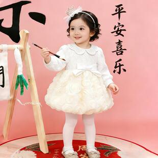 女童公主风连衣裙秋冬加绒长袖白色女宝宝生日2026年新款周岁礼服