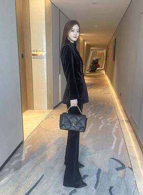 欧美秋冬新款黑色加厚天鹅绒套装夹克修身优雅的喇叭裤女士套装