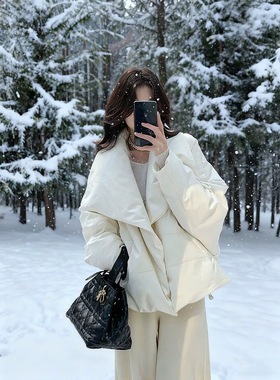 大翻领羽绒服女冬季加厚款小个子面包服90白鹅绒外套