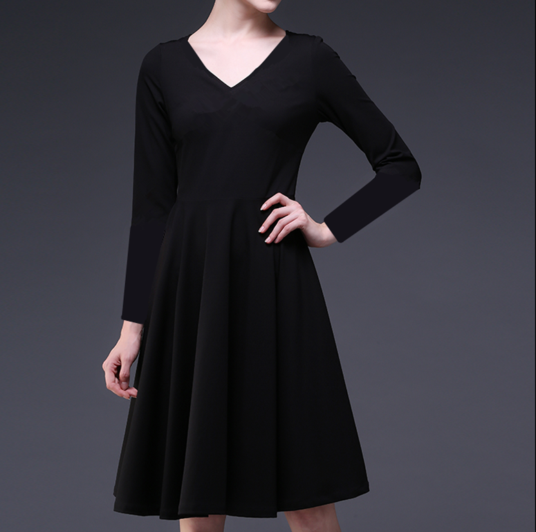 女成人大摆中长款舞蹈连衣裙黑色拉丁服套服长袖V领演出服练功服