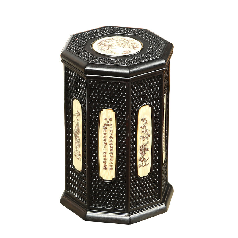 天纵家居黑檀嵌牛骨八角茶叶桶红木新中式茶叶盒实木灯笼茶叶罐