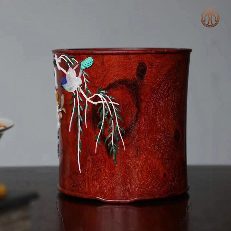 印度小叶紫檀百宝嵌喜鹊报春笔筒红木一木挖毛笔桶实木收藏送领导