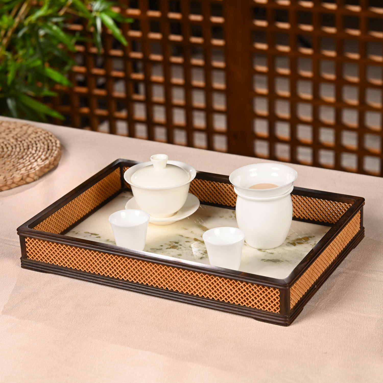 小叶紫檀镶天然云石托盘黄杨木网格边茶具嵌云石茶盘摆件
