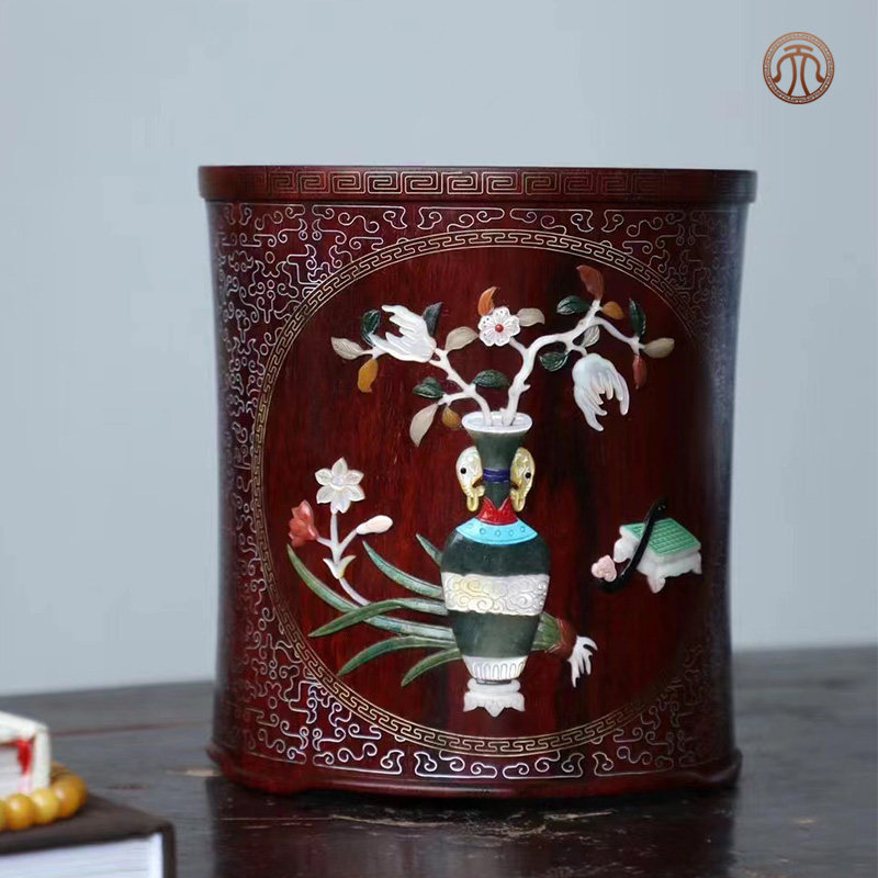 印度小叶紫檀嵌百宝毛笔桶红木吉祥如意手工精品檀香紫檀实木笔筒