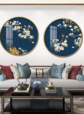新中式风工笔花鸟晶瓷圆框玄关画