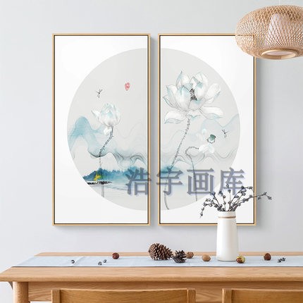 新中式客厅装饰画两联荷花餐厅背景画半圆组合玄关中国风书房挂画图片