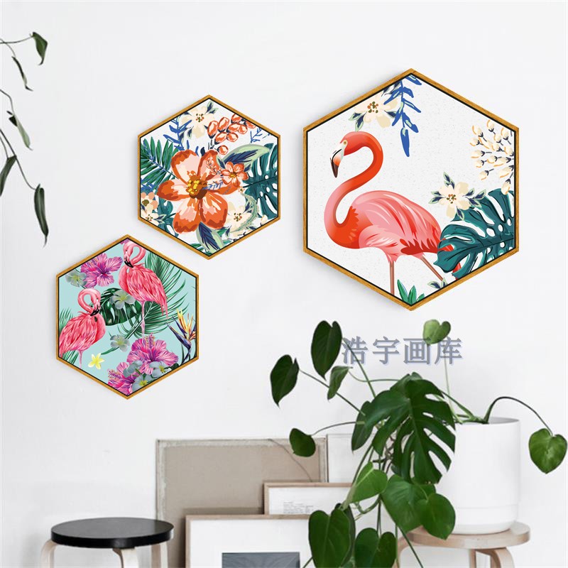 北欧创意六边形装饰画清新花卉挂画卧室床头画客厅火烈鸟ins壁画图片