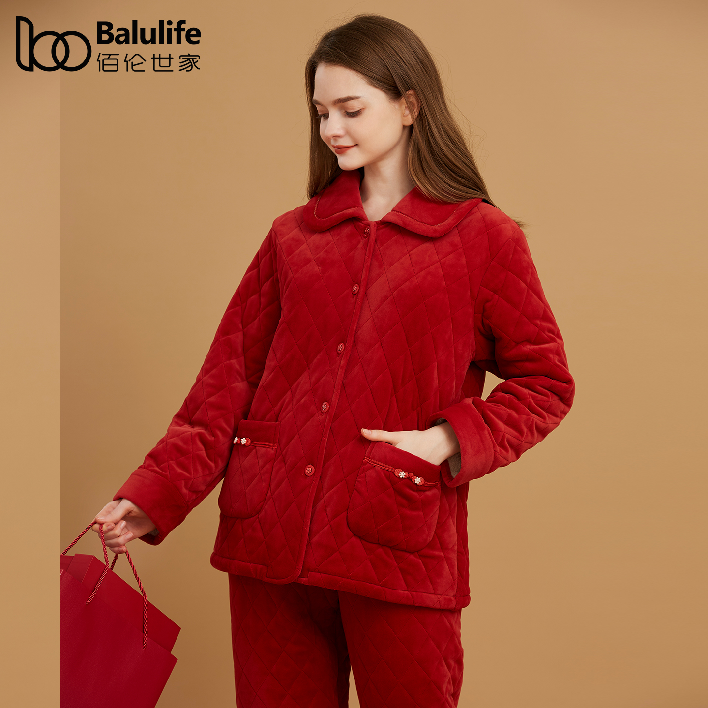 大红色珊瑚绒睡衣女士加厚夹棉袄