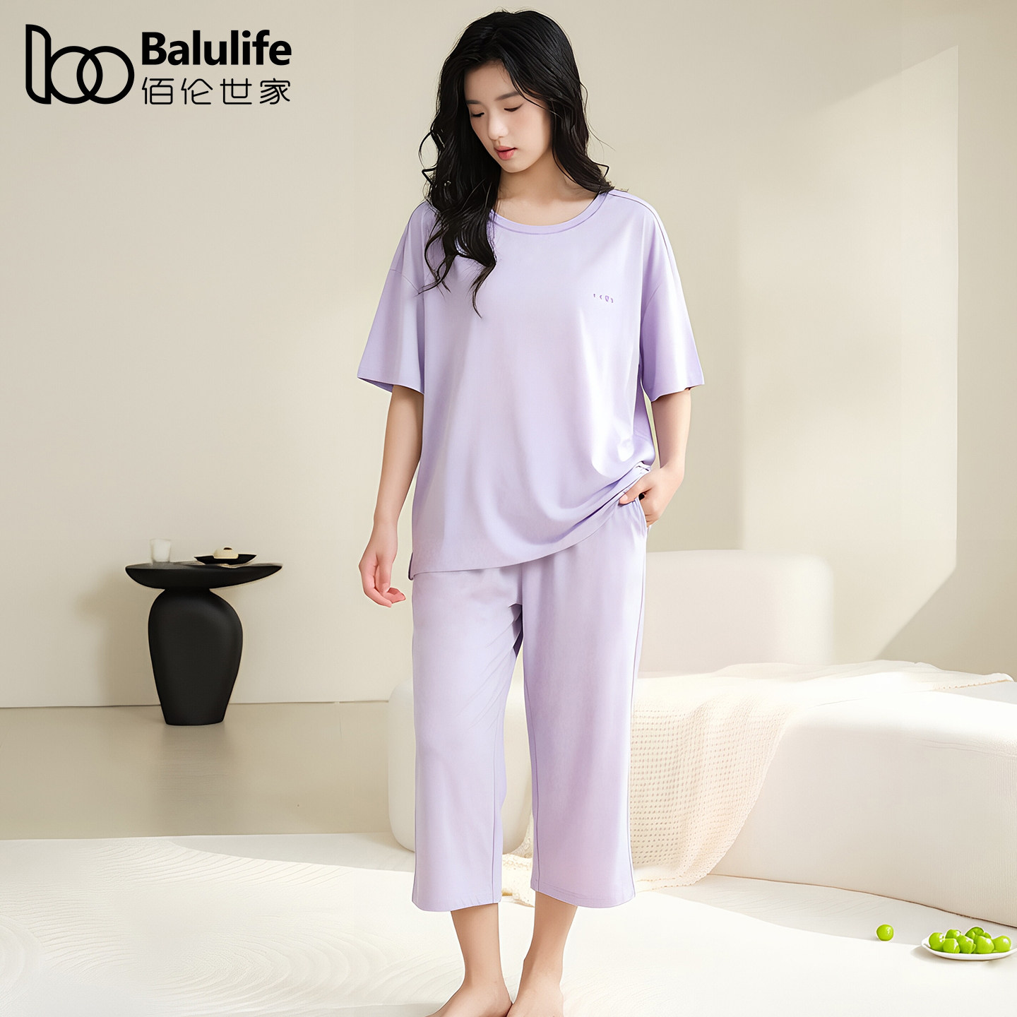 睡衣女纯棉夏季短袖7分裤薄款可外穿圆领宽松夏天简约家居服套装