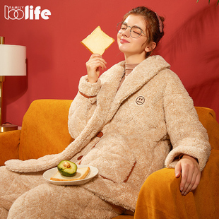佰伦世家睡衣女冬季珊瑚绒法兰绒夹棉袄三层加厚加绒家居服秋冬款