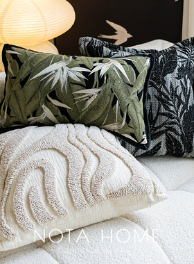 新中式抱枕绿色树叶枕套簇绒高级感靠枕车载长条腰枕飘窗超软方枕