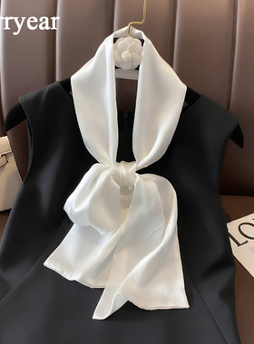 白色真丝丝巾小长条女春季百搭2026新款100%桑蚕丝围巾双面小领巾
