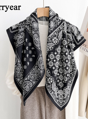 黑色真丝羊毛围巾丝巾方巾女披肩外搭2025新款系脖高级感丝毛90cm