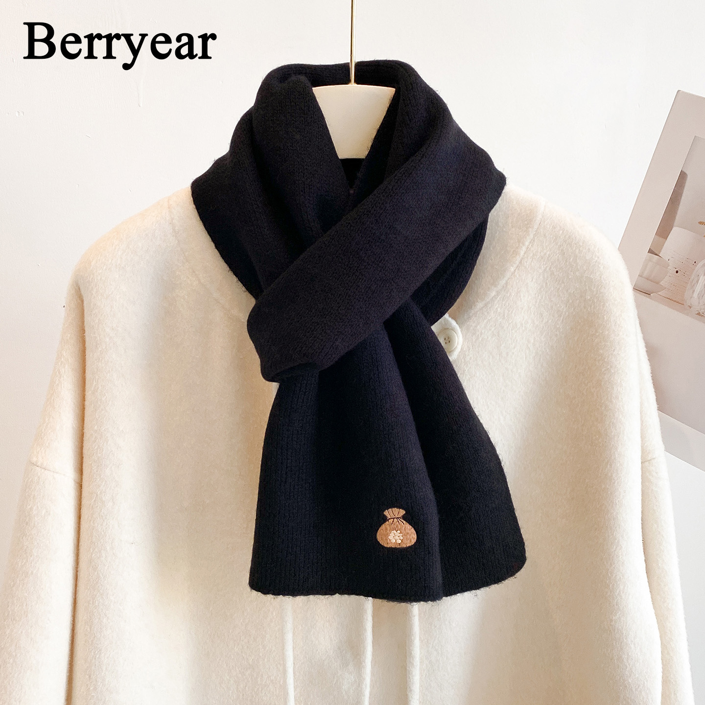黑色100%羊毛围巾女冬季保暖围脖