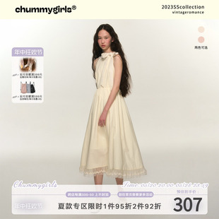 chummygirls 芭蕾挂脖系带蝴蝶结蕾丝连衣裙温柔收腰长裙 原创法式