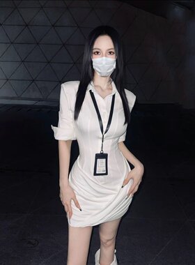 翻领长袖衬衫连衣裙收腰包臀短裙