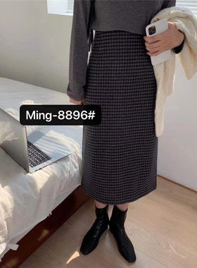 小格子毛呢料后开叉百搭风半身裙
