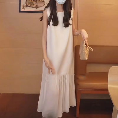 法式缎面无袖背心连衣裙子2025夏季新款设计感拼接网纱气质中长裙