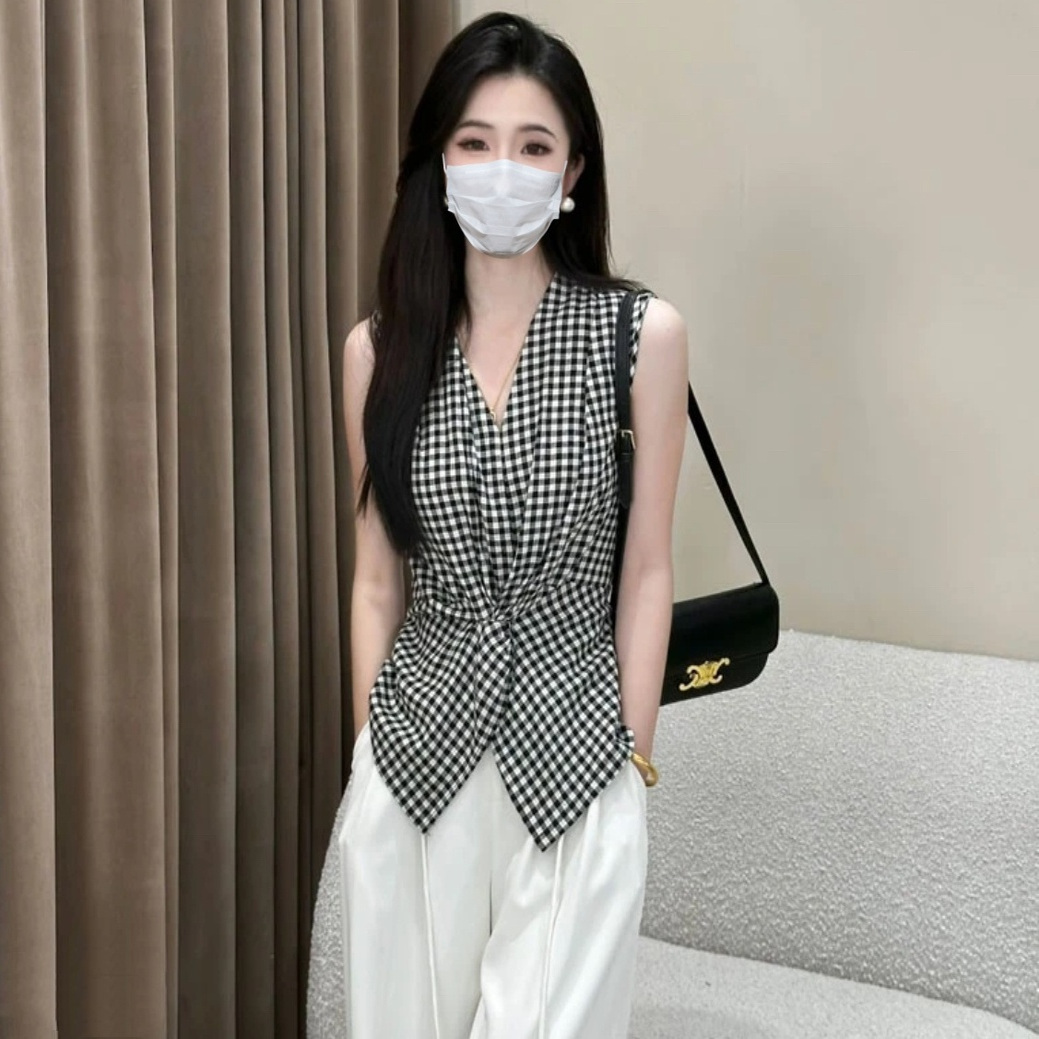 黑白格子扭结背心马甲女夏季收腰显瘦设计感法式无袖V领衬衫上衣