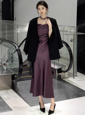 气质御姐黑色西装外套轻奢紫色飘带长款吊带连衣裙两件套装女春季
