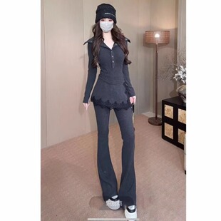 休闲加绒套装女秋冬新款设计感长袖上衣+微喇长裤显瘦修身两件套