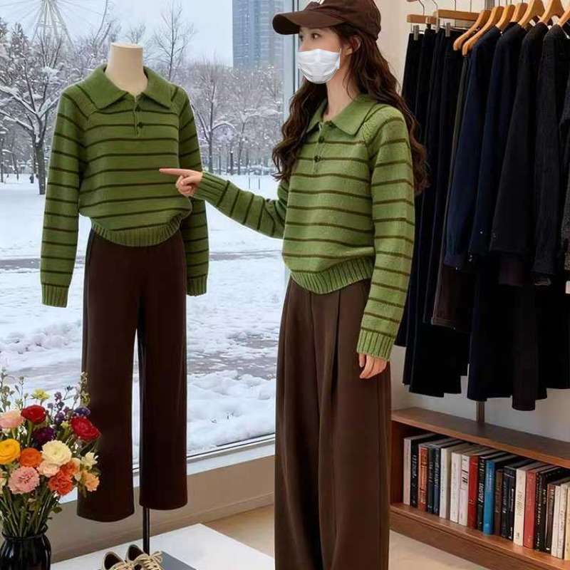 条纹polo领毛衣女宽松针织衫上衣