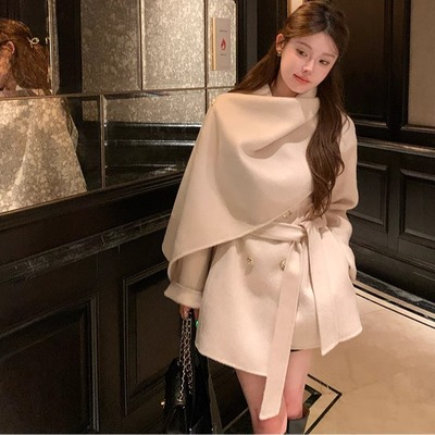 双面羊毛中长款披肩斗篷呢子大衣