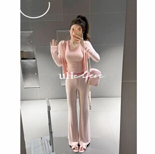 慵懒风休闲套装女夏季新款防晒长袖开衫+背心吊带+阔腿长裤三件套