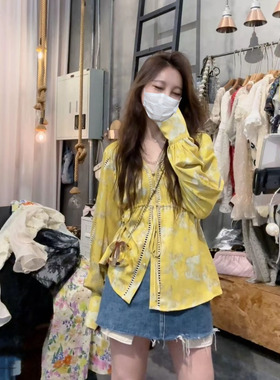 法式宫廷风设计感小众黄色提花双面印花长袖衬衫女宽松显瘦上衣秋