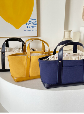 手提包韩国loan牛皮拼帆布大容量托特包通勤包新款单肩斜挎包女