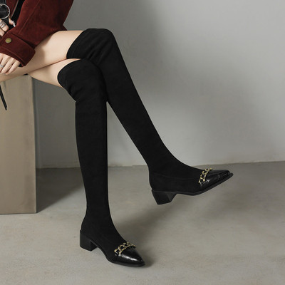 尖头长靴女粗跟中跟时装靴秋冬季复古风瘦瘦过膝盖长筒靴靴大码