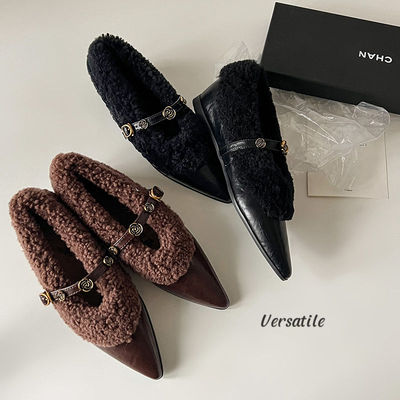 真皮内增高毛毛鞋女中跟时装单鞋秋冬加绒复古风尖头牛皮玛丽珍鞋