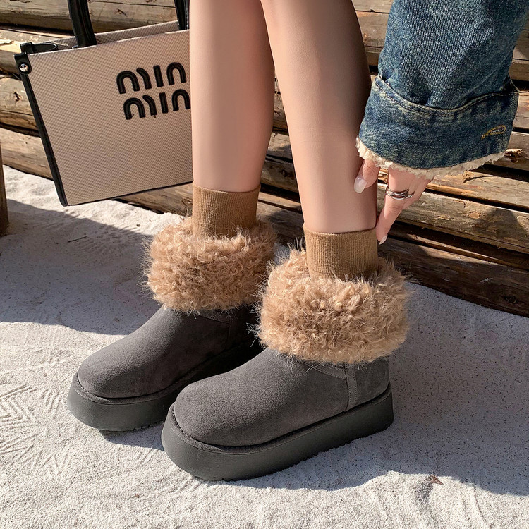 松糕底雪地靴女厚底中筒靴防滑耐磨棉靴东北加绒保暖皮毛一体靴