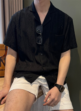 NR先生夏季透气宽松版古巴领男衬衣短袖复古老钱风慵懒镂空衬衫潮