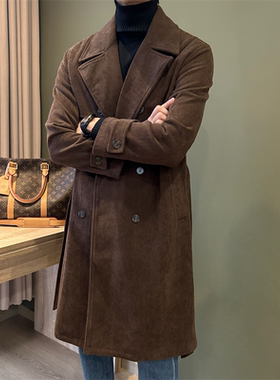 NR先生复古双排扣灯芯绒中长款大衣男士冬季保暖休闲商务风衣外套