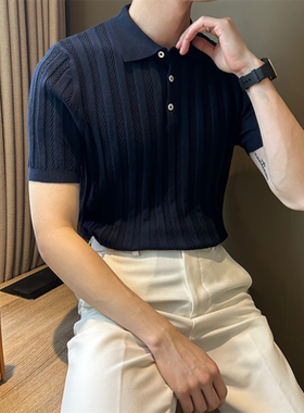 NR先生夏季短袖提花鱼骨纹翻领男polo衫休闲修身弹力针织T衫