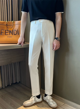 白色轻奢小西裤弹力男士休闲裤韩版直筒免烫修身小脚九分潮流裤子