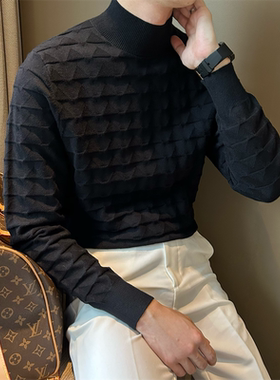 NR先生英伦风纯色半高领绅士男针织套头长袖波浪纹弹力打底衫毛衣