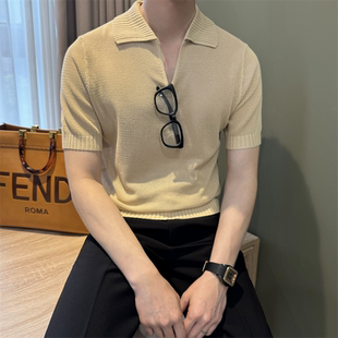 潮流针织衫 MR先生夏季 时尚 透气V领镂空男polo衫 休闲百搭慵懒短袖