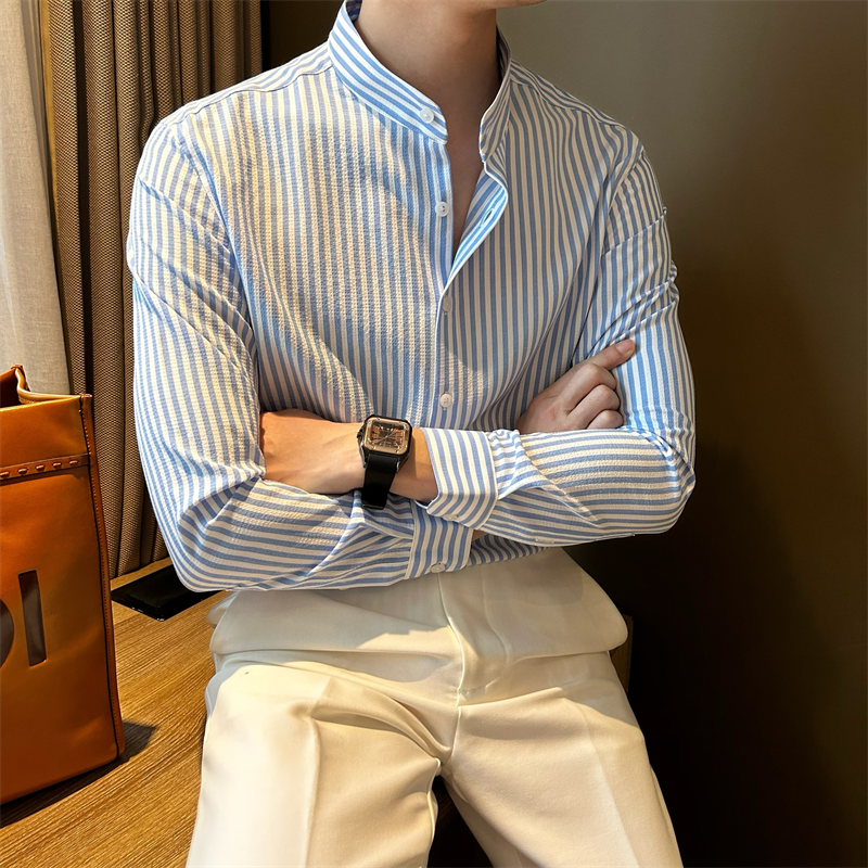 NR先生新中式立领条纹衬衫男韩版时尚长袖泡泡棉修身休闲轻奢衬衣,男装,衬衫,淘宝优惠券,粉丝福利购,淘宝优惠卷