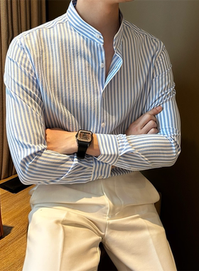 NR先生新中式立领条纹衬衫男韩版时尚长袖泡泡棉修身休闲轻奢衬衣