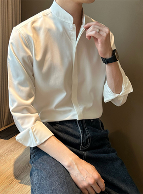 NR先生青年新中式立领白色男衬衣韩版清新简约通勤百搭款暗扣衬衫