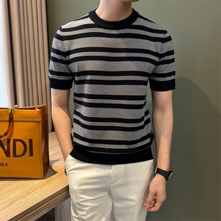 NR先生轻熟套头休闲圆领套头男针织衫短袖夏季横条纹拼色薄款体恤