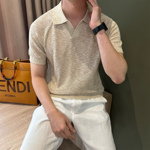 亚麻棉老钱麻杏色翻领针织衫男