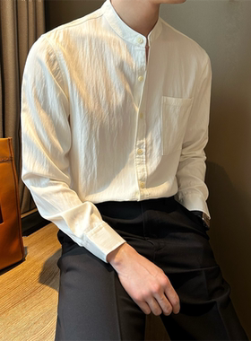 NR先生韩版休闲立领纯白色衬衫男士带口袋设计感简约轻奢风衬衣潮