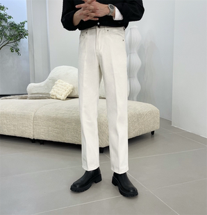 潮流水洗高腰长裤 美式 复古白色直筒休闲男牛仔裤 宽松秋季 子男士