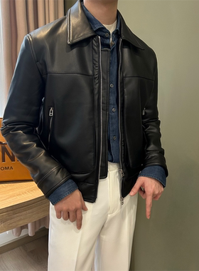 NR先生韩版时尚纯色翻领潮流皮夹克外套通勤拉链机车休闲PU皮衣男